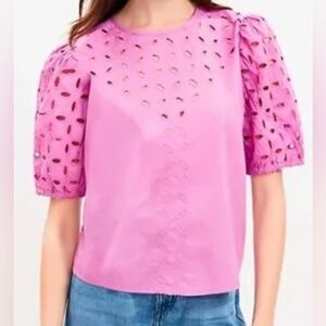 LOFT Poplin Eyelet Puff Sleeve Blouse. Size S